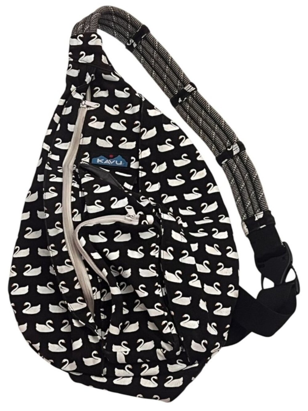 KAVU Swan Love Black Cotton Rope Sling Bag Backpack Hiking Travel